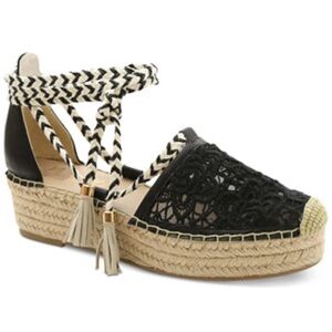 Nanette Lepore Black Lace Espadrille Flats with Lace up Ankle Tassel Ties 6.5